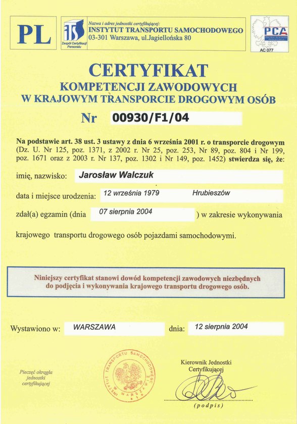 Certyfikat Przewoźnika Jarosław Walczuk