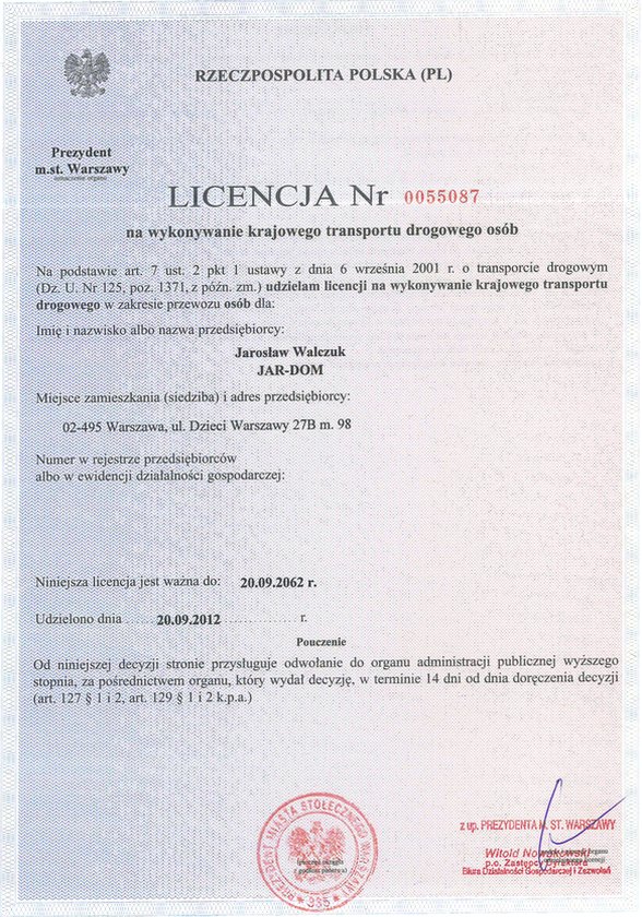 Licencja Krajowego Transportu Drogowego Osób